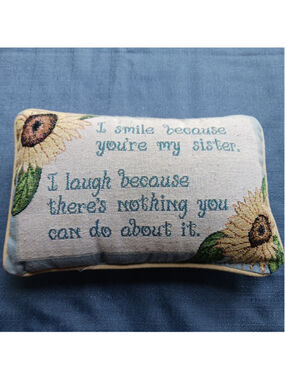 Vintage Embroidered Sister Quote Pillow Tan